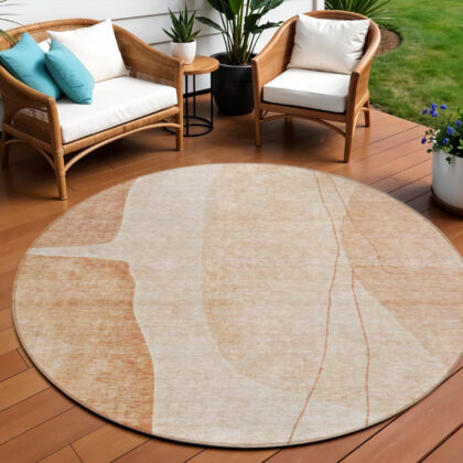 8' Terra Cotta Orange And Copper Round Abstract Washable Indoor Outdoor Area Rug