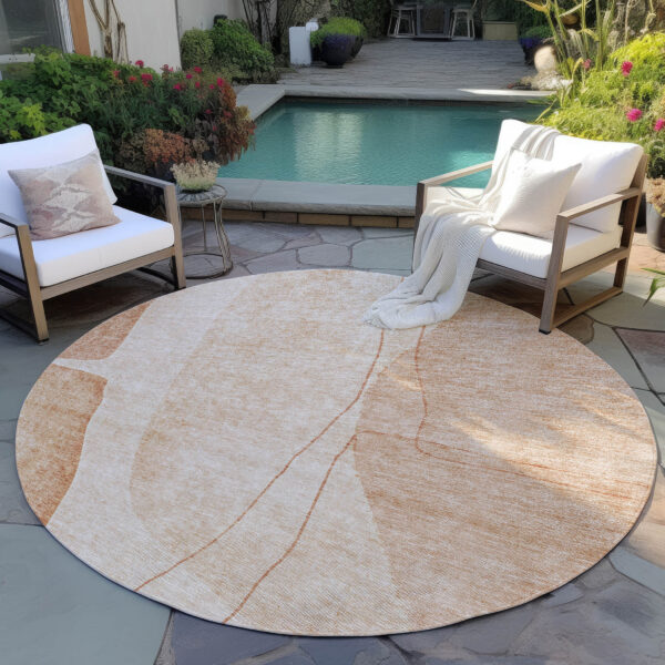 8' Terra Cotta Orange And Copper Round Abstract Washable Indoor Outdoor Area Rug