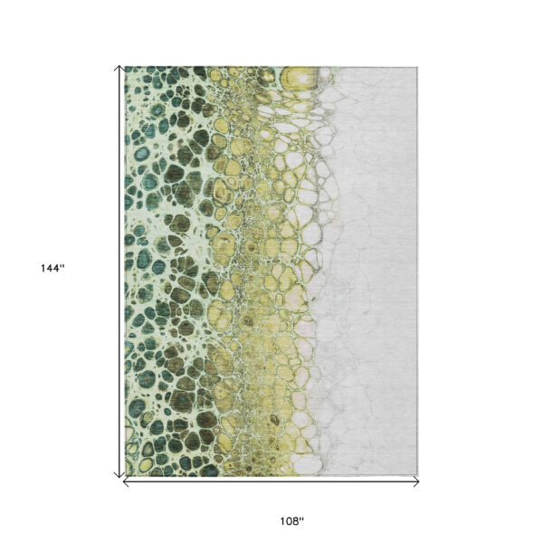 9' X 12' Olive Green And Gold Abstract Washable Indoor Outdoor Area Rug