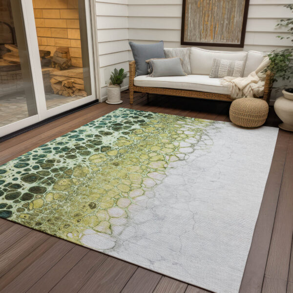 9' X 12' Olive Green And Gold Abstract Washable Indoor Outdoor Area Rug