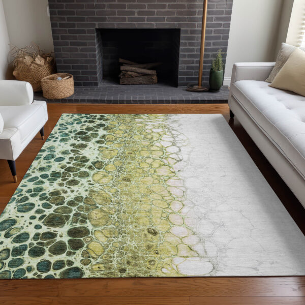 9' X 12' Olive Green And Gold Abstract Washable Indoor Outdoor Area Rug