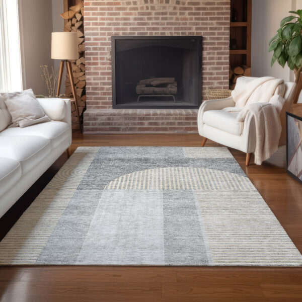 5' X 8' Silver Gray And Beige Geometric Washable Indoor Outdoor Area Rug