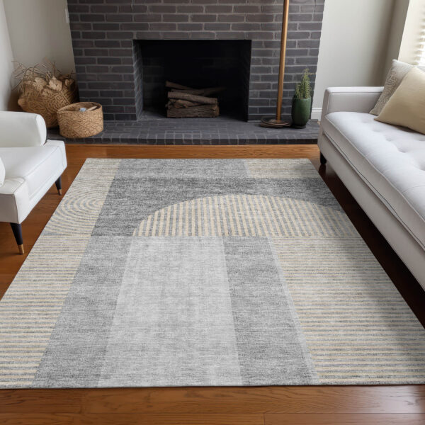 5' X 8' Silver Gray And Beige Geometric Washable Indoor Outdoor Area Rug