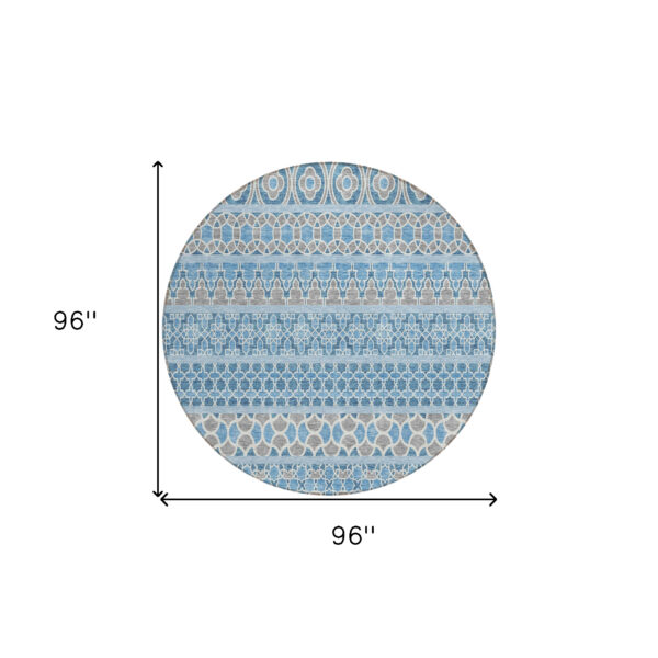 8' Sky Blue And Denim Blue Round Quatrefoil Washable Indoor Outdoor Area Rug