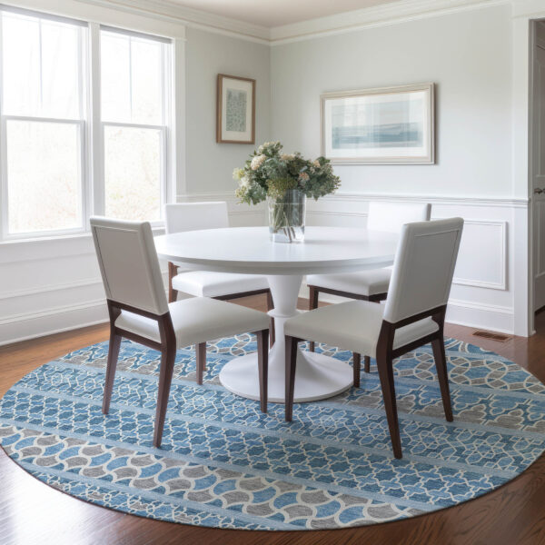 8' Sky Blue And Denim Blue Round Quatrefoil Washable Indoor Outdoor Area Rug