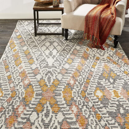 10' X 13' Gray Ivory And Orange Wool Geometric Tufted Handmade Area Rug