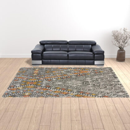 10' X 13' Gray Ivory And Orange Wool Geometric Tufted Handmade Area Rug