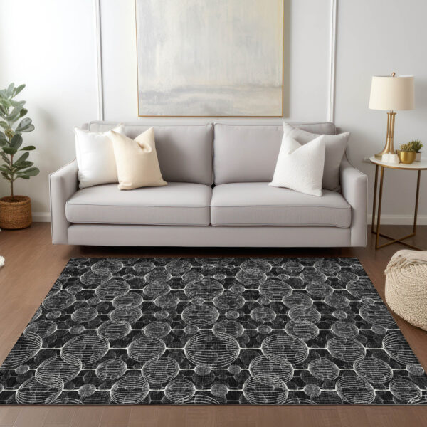 8' X 10' Black Charcoal And Ivory Geometric Washable Indoor Outdoor Area Rug