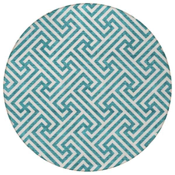 8' Teal Blue And Ivory Round Geometric Washable Indoor Outdoor Area Rug