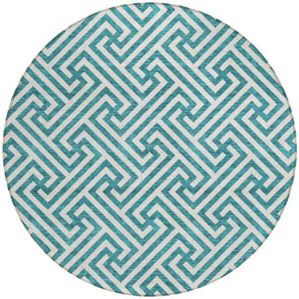 8' Teal Blue And Ivory Round Geometric Washable Indoor Outdoor Area Rug