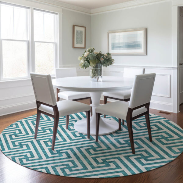 8' Teal Blue And Ivory Round Geometric Washable Indoor Outdoor Area Rug