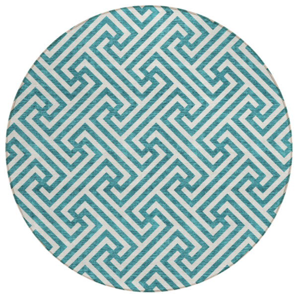 8' Teal Blue And Ivory Round Geometric Washable Indoor Outdoor Area Rug