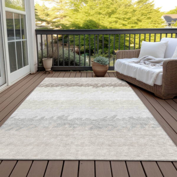 10' X 14' Ivory Beige And Taupe Striped Washable Indoor Outdoor Area Rug