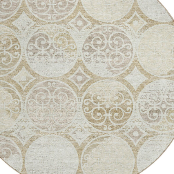 8' Ivory Beige And Taupe Round Trellis Washable Indoor Outdoor Area Rug