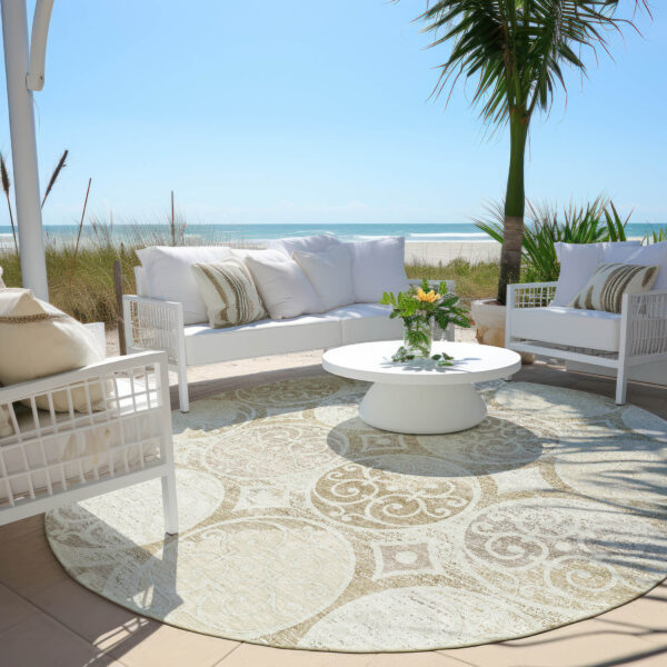8' Ivory Beige And Taupe Round Trellis Washable Indoor Outdoor Area Rug