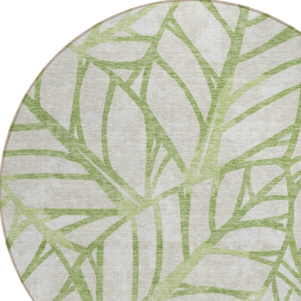 8' Artichoke Green And Beige Round Floral Washable Indoor Outdoor Area Rug