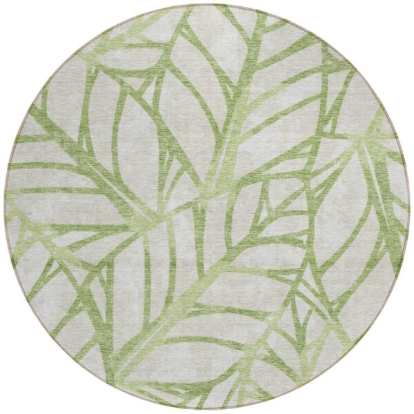8' Artichoke Green And Beige Round Floral Washable Indoor Outdoor Area Rug