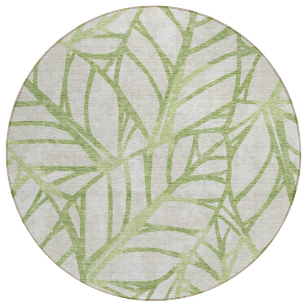 8' Artichoke Green And Beige Round Floral Washable Indoor Outdoor Area Rug
