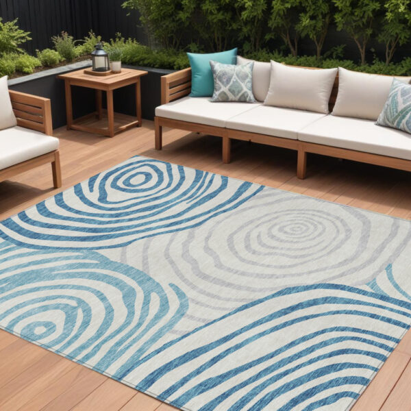 8' X 10' Teal Blue Ivory And Silver Abstract Washable Indoor Outdoor Area Rug