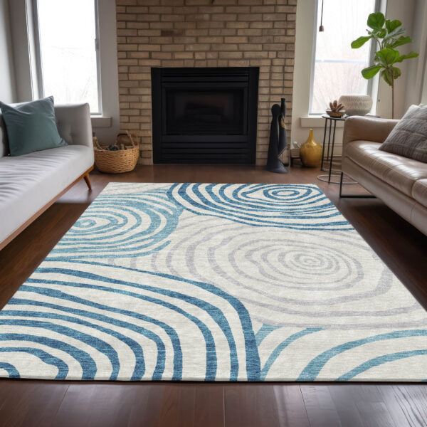 8' X 10' Teal Blue Ivory And Silver Abstract Washable Indoor Outdoor Area Rug