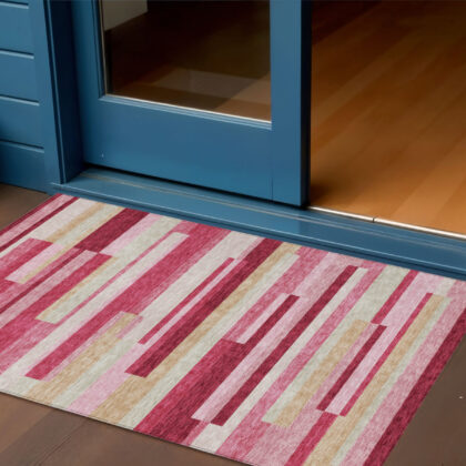 3' X 5' Blush Pink And Mauve Striped Washable Indoor Outdoor Area Rug