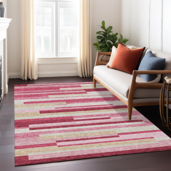 3' X 5' Blush Pink And Mauve Striped Washable Indoor Outdoor Area Rug