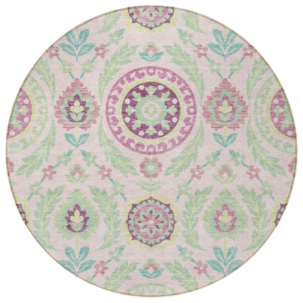 8' Pink Mauve And Mint Green Round Floral Washable Indoor Outdoor Area Rug