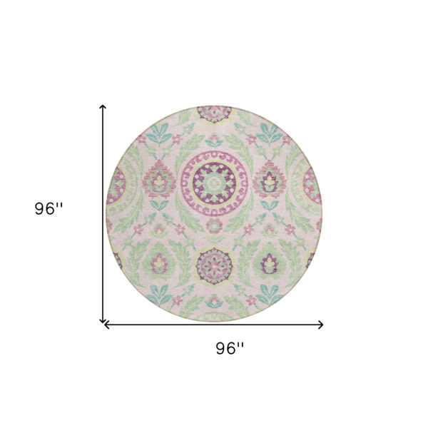 8' Pink Mauve And Mint Green Round Floral Washable Indoor Outdoor Area Rug