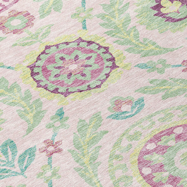 8' Pink Mauve And Mint Green Round Floral Washable Indoor Outdoor Area Rug