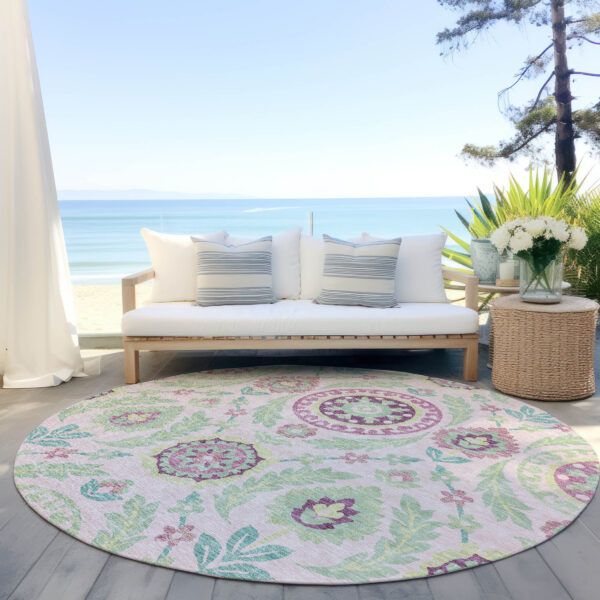 8' Pink Mauve And Mint Green Round Floral Washable Indoor Outdoor Area Rug