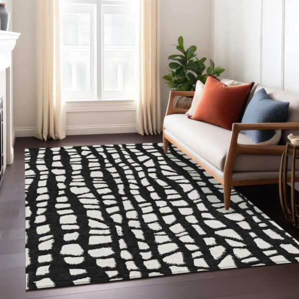 3' X 5' Black And Ivory Abstract Washable Indoor Outdoor Area Rug