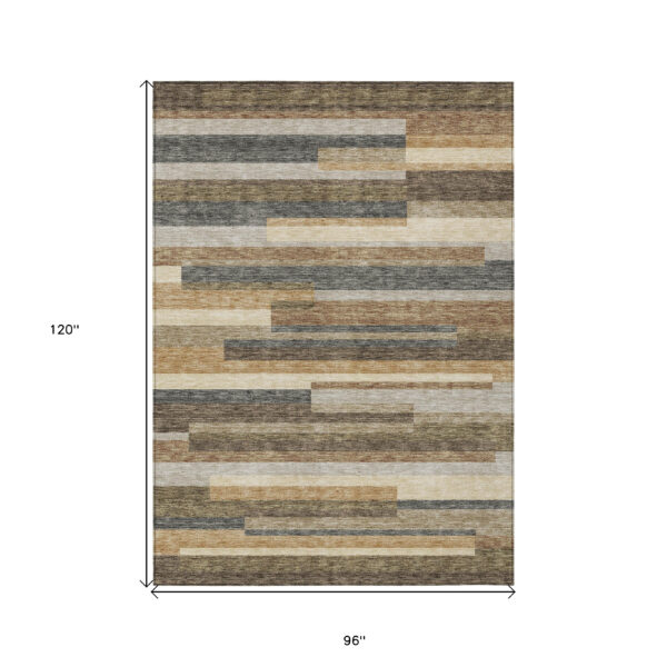 8' X 10' Taupe Beige And Charcoal Striped Washable Indoor Outdoor Area Rug