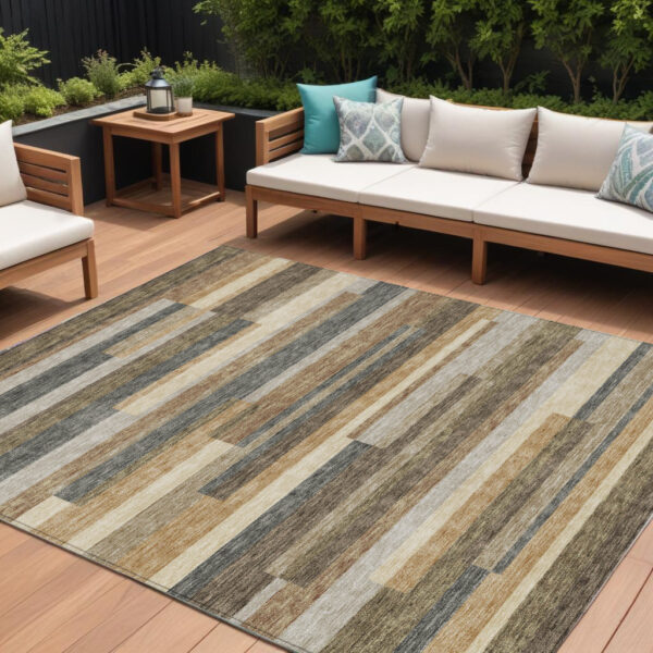 8' X 10' Taupe Beige And Charcoal Striped Washable Indoor Outdoor Area Rug