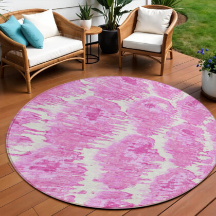 8' Pink Blush And Mauve Round Abstract Washable Indoor Outdoor Area Rug