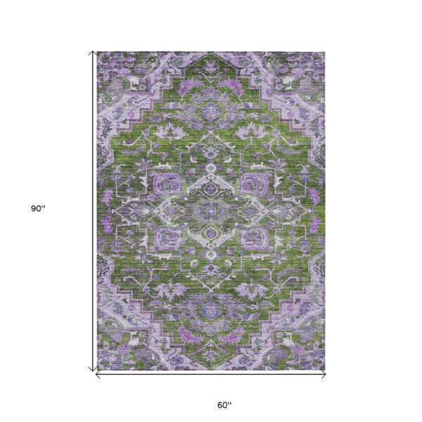 5' X 8' Olive Green And Purple Oriental Washable Indoor Outdoor Area Rug