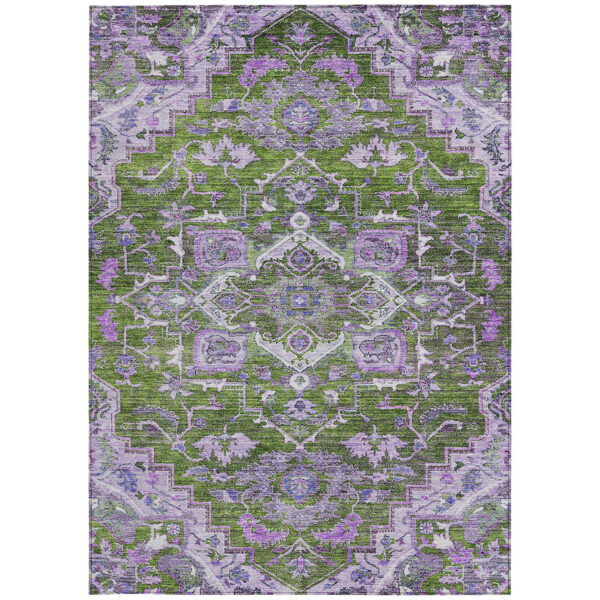 5' X 8' Olive Green And Purple Oriental Washable Indoor Outdoor Area Rug