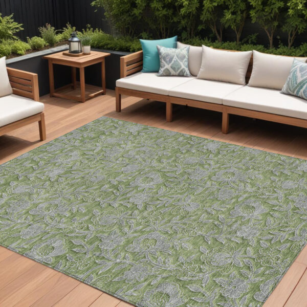 10' X 14' Olive Green And Gray Floral Washable Indoor Outdoor Area Rug