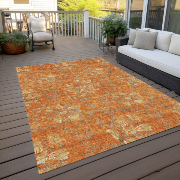 5' X 8' Orange Gray And Beige Floral Washable Indoor Outdoor Area Rug