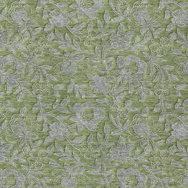10' X 14' Olive Green And Gray Floral Washable Indoor Outdoor Area Rug