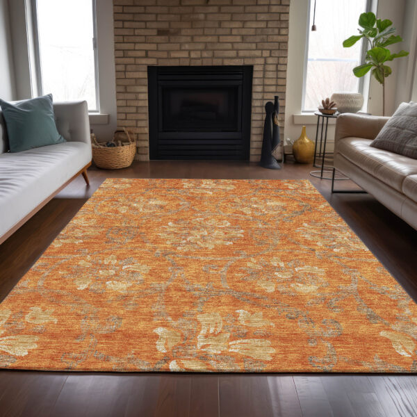 5' X 8' Orange Gray And Beige Floral Washable Indoor Outdoor Area Rug