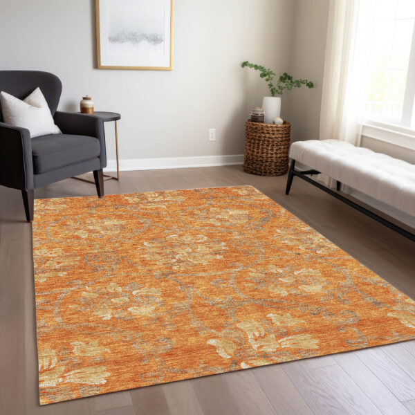 5' X 8' Orange Gray And Beige Floral Washable Indoor Outdoor Area Rug