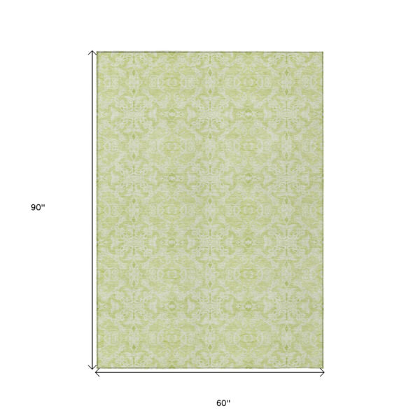 5' X 8' Artichoke Green And Green Medallion Washable Indoor Outdoor Area Rug