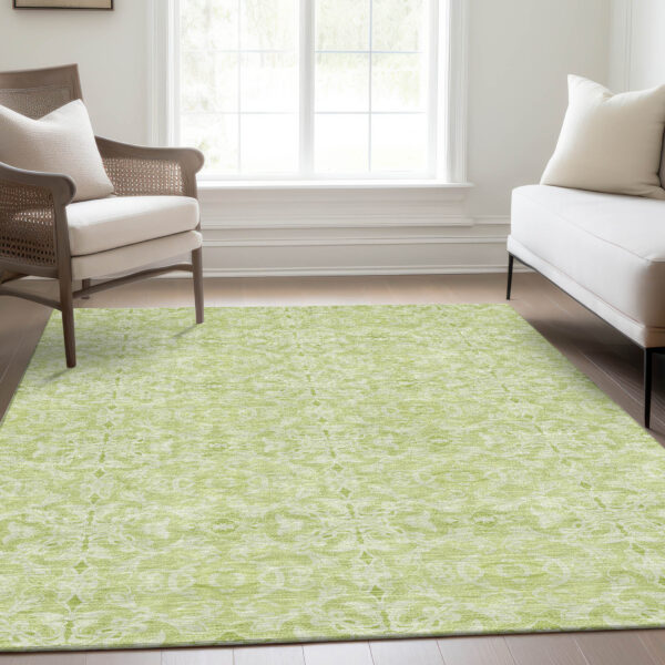 5' X 8' Artichoke Green And Green Medallion Washable Indoor Outdoor Area Rug