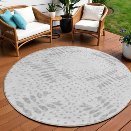 8' Gray And Silver Round Floral Washable Indoor Outdoor Area Rug
