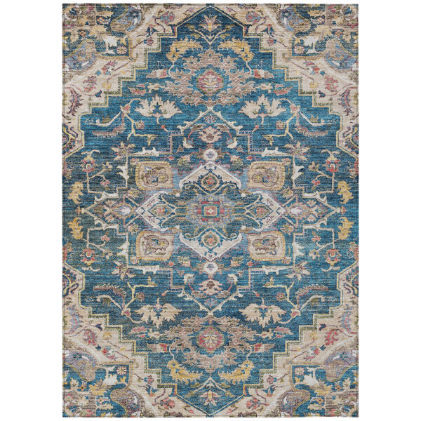 10' X 14' Blue Beige And Gold Oriental Washable Indoor Outdoor Area Rug