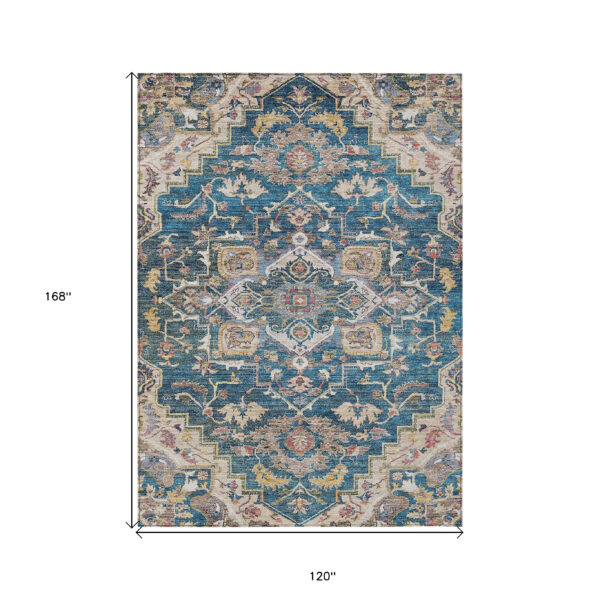 10' X 14' Blue Beige And Gold Oriental Washable Indoor Outdoor Area Rug