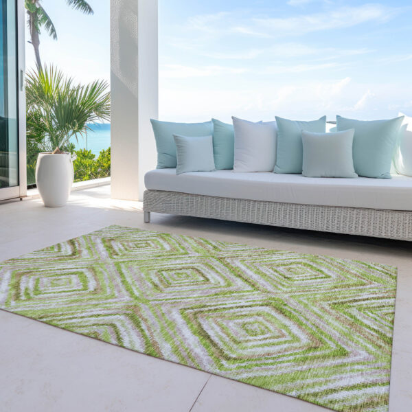 5' X 8' Artichoke Green And Brown Geometric Washable Indoor Outdoor Area Rug