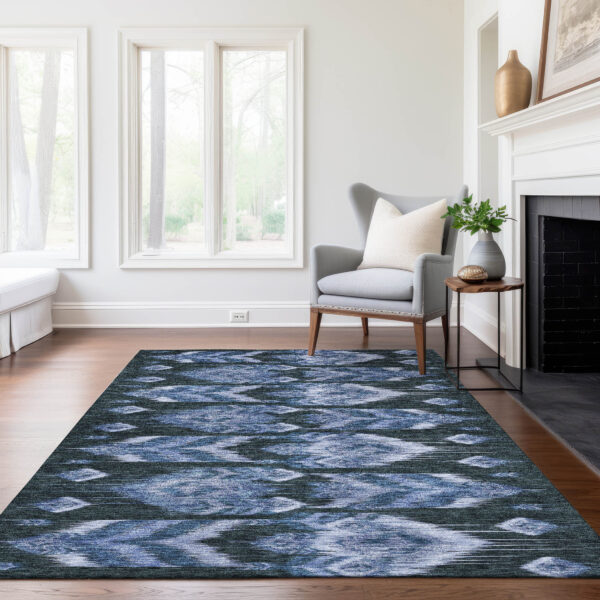 9' X 12' Denim Blue And Sky Blue Southwestern Washable Indoor Outdoor Area Rug