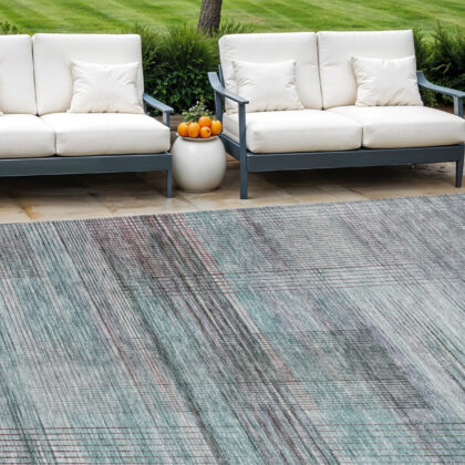 8' X 10' Teal Blue Gray And Charcoal Striped Washable Indoor Outdoor Area Rug