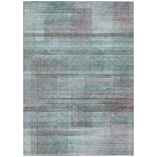 8' X 10' Teal Blue Gray And Charcoal Striped Washable Indoor Outdoor Area Rug